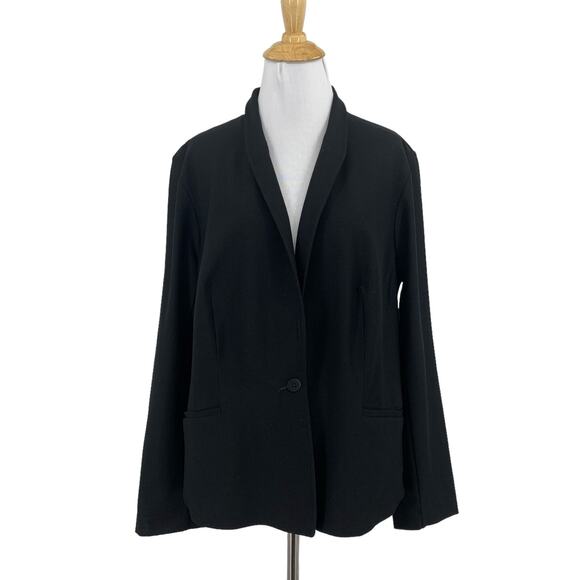 Eileen Fisher Blazer Womens 1X Plus Black Stretch One Button Pockets Jacket - Picture 1 of 13